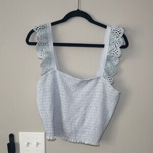 Express Light Blue Lace-Trim Smocked Tank Top